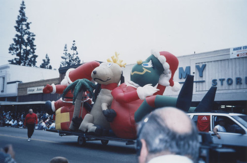 KLOS Radio's Mark and Brian "Day Before Thanksgiving" Parade with Santa Claus float along South Glassell Street, Orange, California, 1995