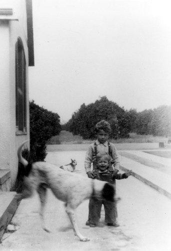 Fred and Don Burnette at side of family residence on East Walnut Avenue, Orange, California, 1944