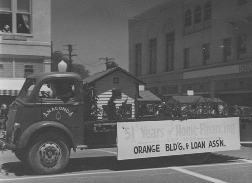 May Festival Parade Orange Building and Loan truck float, Orange, California, 1938