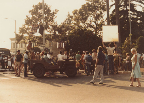 Plaza Park during production of feature film, "Monster in the Closet", Orange, California, 1983