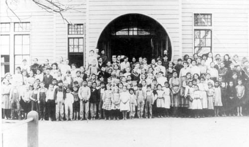 El Modena Grammar School students and faculty group portrait, El Modena, California, 1907-1908