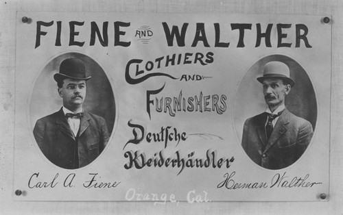 "Fiene and Walther Clothiers" photographic advertisement postcard, Orange, California, ca. 1910