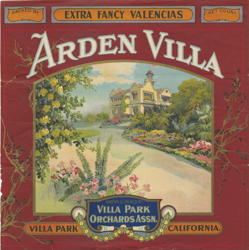 Crate label Arden Villa, Villa Park Orchards Assn. Villa Park, California