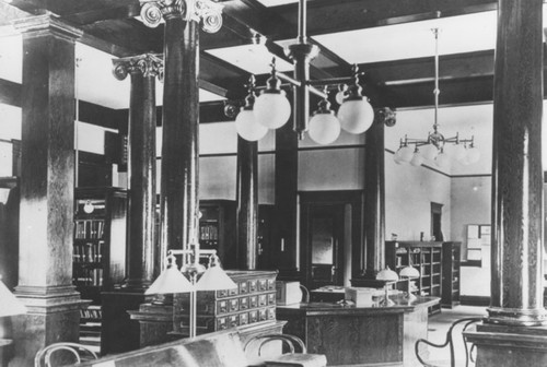 Orange Public Library, Carnegie building interior, 407 East Chapman Avenue, Orange, California, ca. 1908