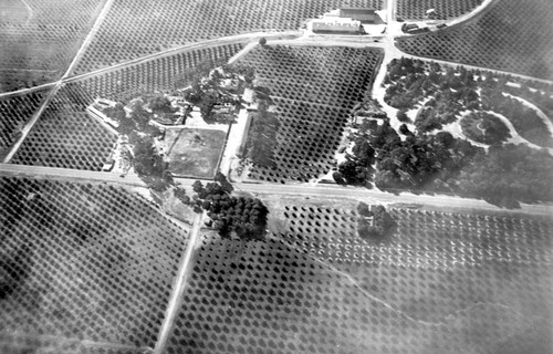 Aerial view of Hewes Park, ranch and orchards, El Modena, California