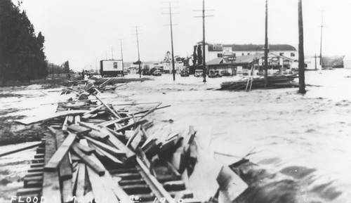 1938 Santa Ana River flood, railroad tracks, Orange, California