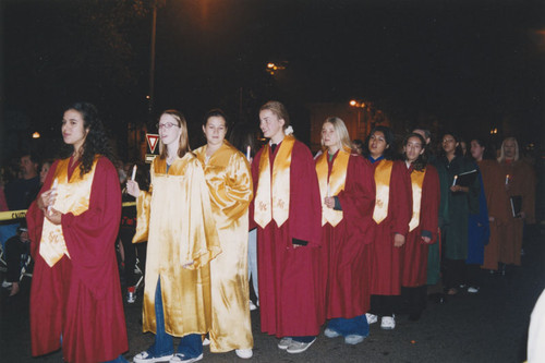 Tree-lighting ceremony with candlelight choir procession, Orange, California, 2000