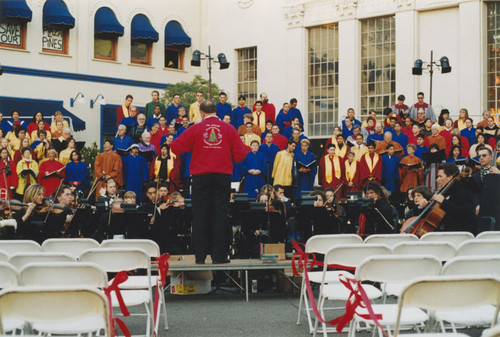 Tree-lighting ceremony with orchestra and choir practice, Orange, California, 1998