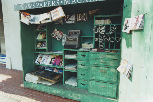 Plaza Square with set of magazine stand used in feature film, "The Man Who Wasn't There", Orange, California, 2000