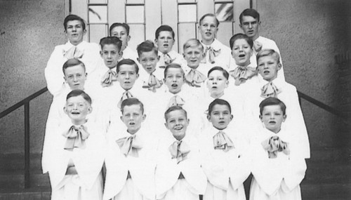 First Presbyterian Church Boys Choir on steps of church on East Maple Avenue, Orange, California, 1938