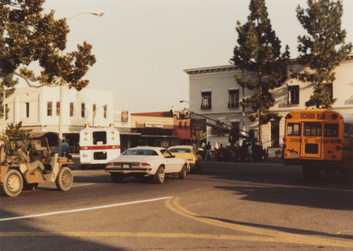 Plaza Park during production of feature film, "Monster in the Closet", Orange, California, 1983