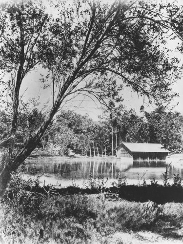 Orange County Park lake and boathouse, Orange, California