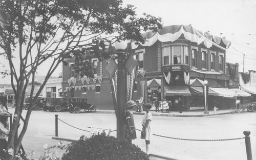 Campbell Building decorated for Armistice Day, Orange, California, ca. 1920