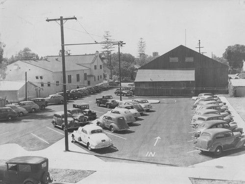 YMCA and American Legion buildings parking lot, Orange, California, ca. 1940