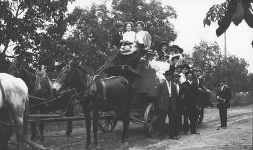 Young people from Trinity Lutheran church in Los Angeles, California and St. John's Lutheran Church in hay wagon en route to picnic in Orange County Park, Orange, California, 1909