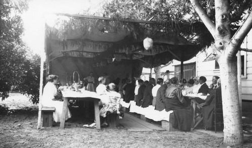 Wedding supper for William Morner and wife, Annie Fitschen, Orange, California, 1913