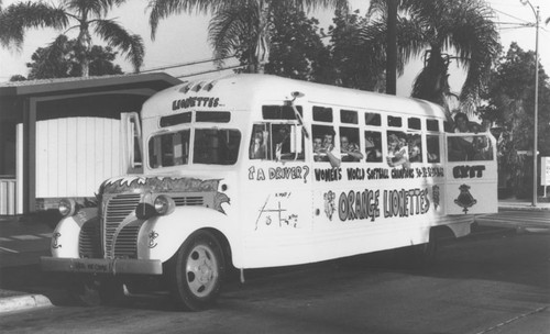 Orange Lionettes Women's Softball Champions in bus, Orange, California, after 1962