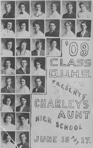 Orange Union High School postcard, "'09 Class O.U.H.S. presents Charley's Aunt High School June 15 and 17."