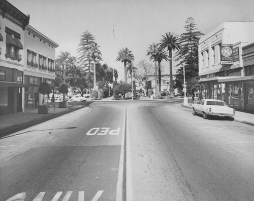 Orange Plaza from the 100 block of South Glassell Street looking north, 1970s