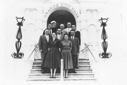 Orange City department heads on steps of City Hall, Orange, California, 1955