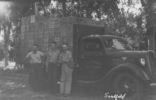 Consolidated Orange Growers truck loaded with boxes; driver and helpers standing alongside