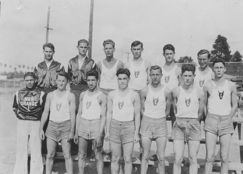 Orange Union High School mens "B" track team group portrait, Orange, California, 1938