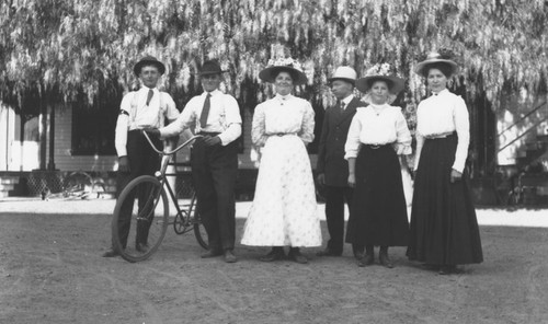 Schmetgen residence exterior, with group portrait of three young men and three young women, Orange, California, 1910