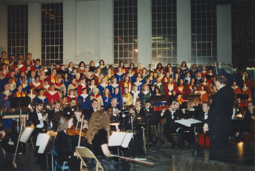 Tree-lighting ceremony with orchestra and choir, Orange, California, 1996