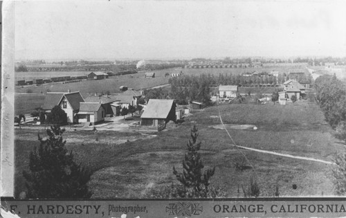 Bird's-eye view from Rochester Hotel tower of Orange, California, 1890