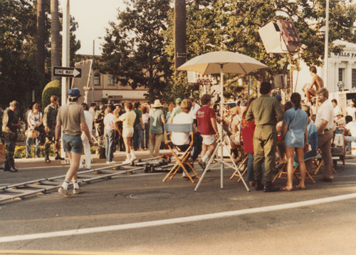 Plaza Park during production of feature film, "Monster in the Closet", Orange, California, 1983