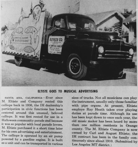 "ELTISTE GOES TO MUSICAL ADVERTISING" newspaper article, ca. 1950