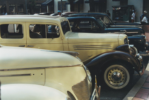 Plaza Square with classic cars used in feature film, "The Man Who Wasn't There", Orange, California, 2000