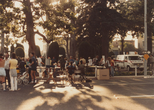 Plaza Park during production of feature film, "Monster in the Closet", Orange, California, 1983