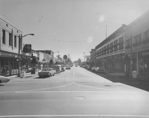 South Glassell Street looking south down the 100 block from the Orange Plaza Square, Orange, California, ca. 1970