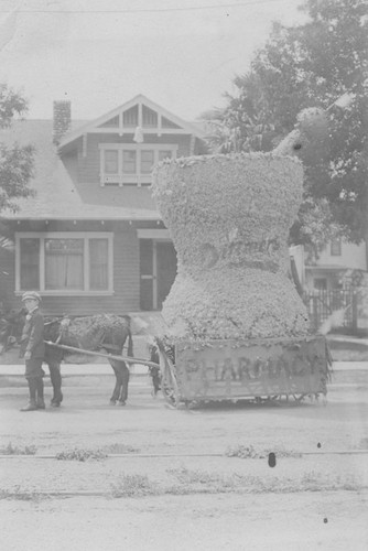 Woman's Club of Orange Flower Show, Dittmer's Mission Pharmacy float, Orange, California, 1917