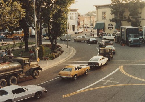 Plaza Park during production of feature film, "Monster in the Closet", Orange, California, 1983