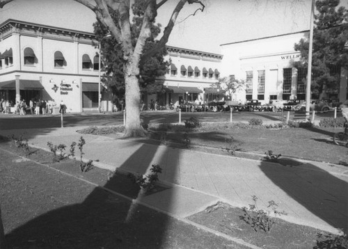 Plaza Square with vintage automobiles on display, Orange, California