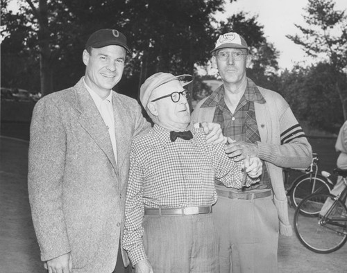 Group portrait of William Sangster with two other men in Hart Park, Orange, California, ca. 1950