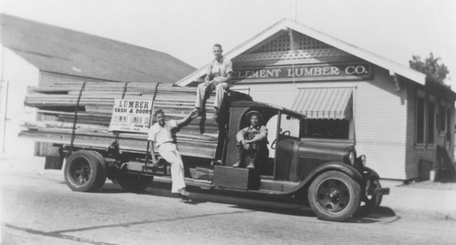 Clement Lumber Company truck loaded with lumber, Orange, California, 1933