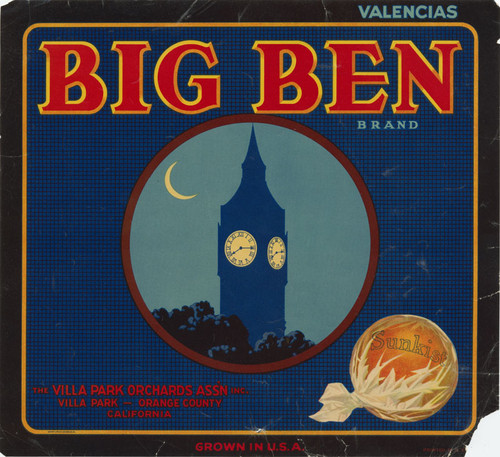 Crate label Big Ben Brand, Villa Park Orchards Ass'n Inc., Villa Park, California