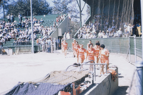 Orange Lionettes women's softball game in Orange City Park, Orange, California, 1954