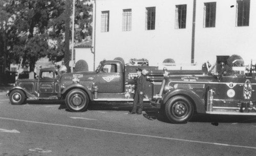 Orange Fire Department fire trucks, Orange, California, ca. 1950