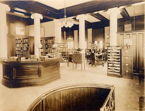 Carnegie library desk & stairwell — Calisphere