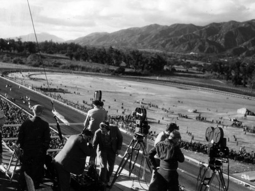 Filming the race at Santa Anita Racetrack
