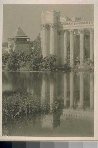 H242. [Denmark Building (left); colonnade, Palace of Fine Arts (Bernard R. Maybeck, architect) (right).]