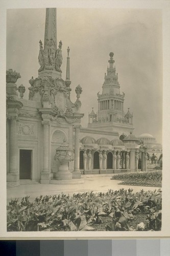 [Base of spire, Palace of Horticulture (Bakewell and Brown, architects; Eugene Louis Boutier, spire sculpture); Tower of Jewels (Thomas Hastings, architect) in distance.]