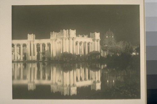 [Colonnade, Palace of Fine Arts (Bernard R. Maybeck, architect). Dome of Netherlands Pavilion in distance.]