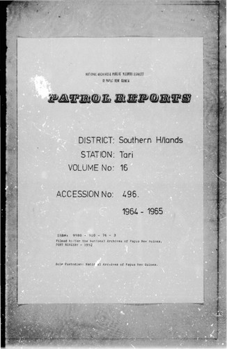 Patrol Reports. Southern Highlands District, Tari, 1964 - 1965