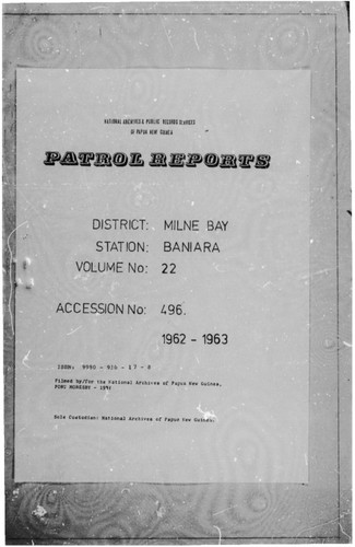 Patrol Reports. Milne Bay District, Baniara, 1962 - 1963