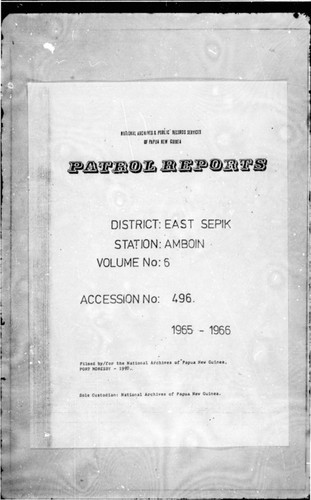 Patrol Reports. East Sepik District, Amboin, 1965 - 1966